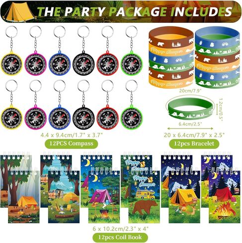 122PCS Camping Party Favors Set, 50 Stickers, 12 Mini Compasses, 12 Button Badges, 12 Mini Notepads, 12 Slap Bracelets, 12 Rubber Bracelets, 12 Goodie Bags for Camper Forest Picnic Adventure in Saudi Arabia