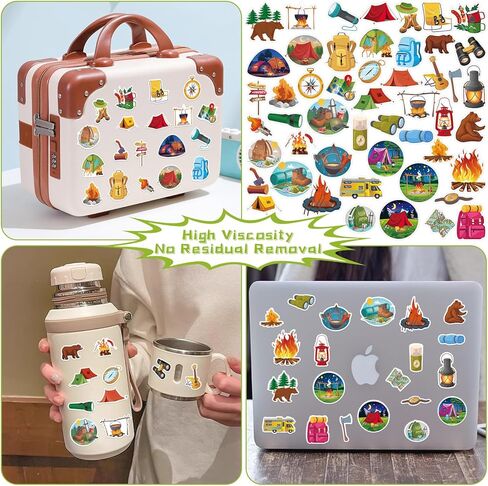 122PCS Camping Party Favors Set, 50 Stickers, 12 Mini Compasses, 12 Button Badges, 12 Mini Notepads, 12 Slap Bracelets, 12 Rubber Bracelets, 12 Goodie Bags for Camper Forest Picnic Adventure in Saudi Arabia