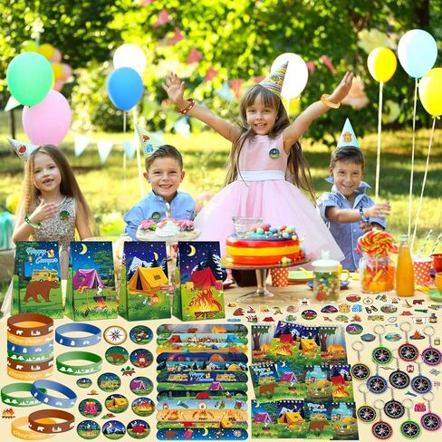 122PCS Camping Party Favors Set, 50 Stickers, 12 Mini Compasses, 12 Button Badges, 12 Mini Notepads, 12 Slap Bracelets, 12 Rubber Bracelets, 12 Goodie Bags for Camper Forest Picnic Adventure in Saudi Arabia