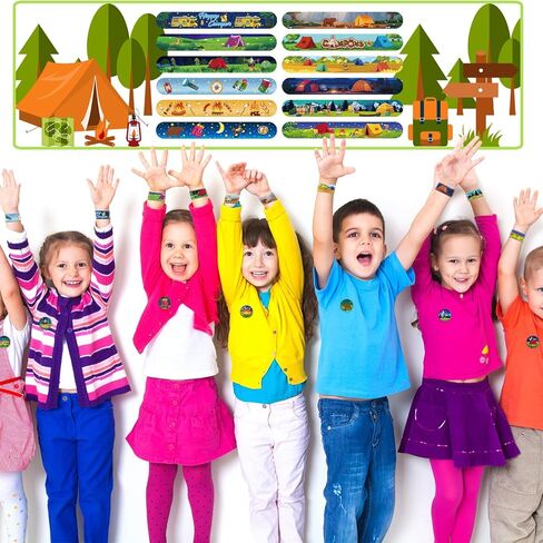 122PCS Camping Party Favors Set, 50 Stickers, 12 Mini Compasses, 12 Button Badges, 12 Mini Notepads, 12 Slap Bracelets, 12 Rubber Bracelets, 12 Goodie Bags for Camper Forest Picnic Adventure in Saudi Arabia