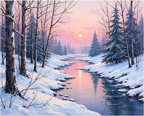 Winter Paint by Numbers Kit for Adults - DIY Snow Forest with River Painting on Canvas 16x20 Inch, Acrylic Paint Set, Suitable for Beginners, Cozy Home Decoration or Gifts in Saudi Arabia