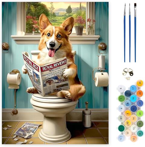 MEIYUDA Dog Paint by Numbers Kit for Adults, Dog Sitting on A Toilet Paint by Numbers for Beginners, Funny Dog DIY Acrylic Oil Painting by Number on Canvas Without Frame for Home Wall Decor 12x16in in Kuwait