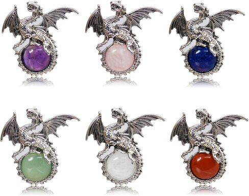 6 Pieces Crystal Dragon Pendants Natural Cabochon Shape Gemstone Alloy Dragon Jewelry Charm for Jewelry Making Necklace in Kuwait