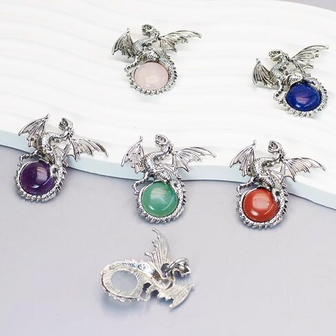 6 Pieces Crystal Dragon Pendants Natural Cabochon Shape Gemstone Alloy Dragon Jewelry Charm for Jewelry Making Necklace in Kuwait