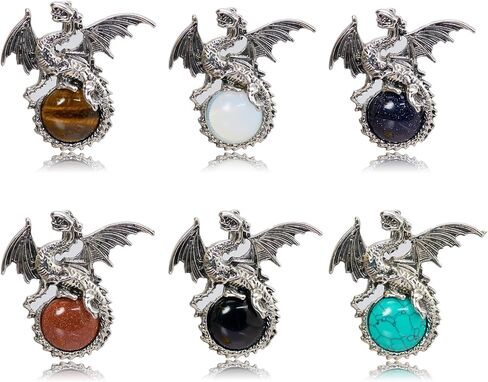 6 Pieces Crystal Dragon Pendants Natural Cabochon Shape Gemstone Alloy Dragon Jewelry Charm for Jewelry Making Necklace in Kuwait