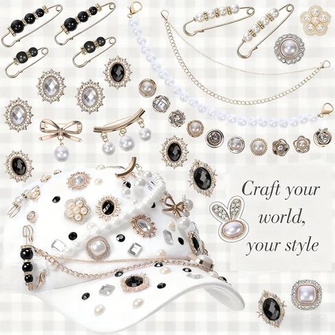 Suncalla 54 Pcs DIY Charms Set for Trucker Hats, DIY Hat Accessories Rhinestones Jewelry Brooches Charms Safety Pin for Junk Socks & Shoes(Black,Elegant) in Kuwait