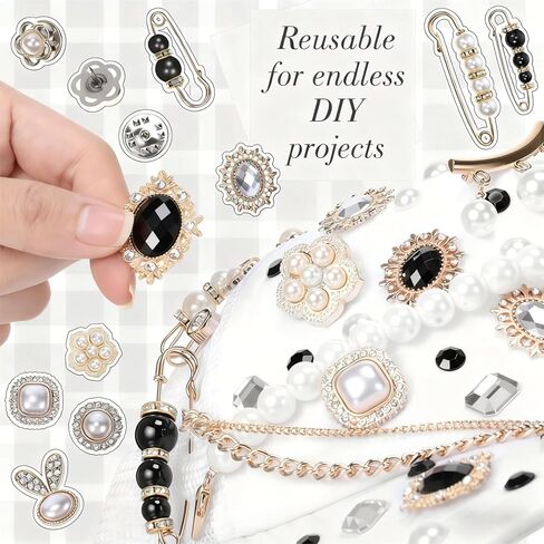 Suncalla 54 Pcs DIY Charms Set for Trucker Hats, DIY Hat Accessories Rhinestones Jewelry Brooches Charms Safety Pin for Junk Socks & Shoes(Black,Elegant) in Kuwait