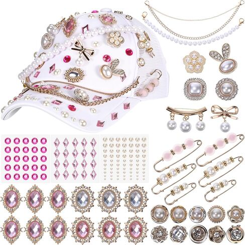 Suncalla 54 Pcs DIY Charms Set for Trucker Hats, DIY Hat Accessories Rhinestones Jewelry Brooches Charms Safety Pin for Junk Socks & Shoes(Black,Elegant) in Kuwait