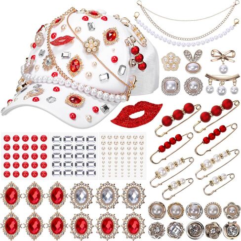 Suncalla 54 Pcs DIY Charms Set for Trucker Hats, DIY Hat Accessories Rhinestones Jewelry Brooches Charms Safety Pin for Junk Socks & Shoes(Black,Elegant) in Kuwait