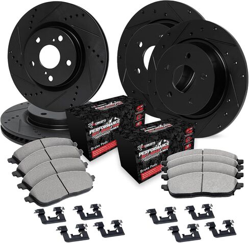 R1 Concepts Front and Rear Brake Kit Fits 2007-2018 Jeep Wrangler| Off-Road/Tow Pads, Drilled Slotted Rotors| Hardware| 12.5" Front & 13.0" Rear in Kuwait