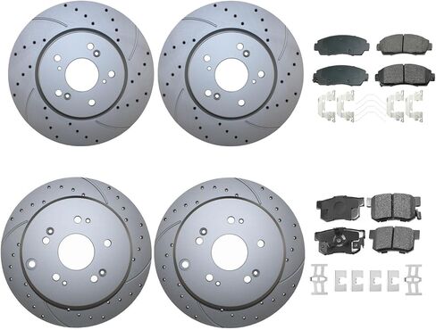 Drilled Slotted Coated Front Vented 296mm Rear Solid 305mm Disc Rotors & Akebono ProACT Ceramic Slotted Pads Full Brake Kit For Acura RDX Base SH-AWD Honda CR-V EX-L LX SE Touring in Kuwait