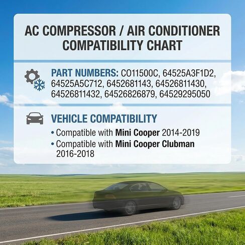 PartsFlowA/C Air Conditioner AC Compressor W/Clutch for Mini Cooper 2014-2019 for Mini Cooper Clubman 2016-2018 1.5L 2.0L, Replaces CO11500C 64525A3F1D2 in Kuwait