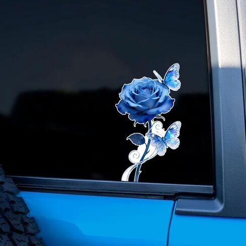 Rose Waterproof Car Stickers, 2 Pack,Blue Rose with Butterflies Vinyl Decal, for Truck, Bumper, Laptop, Wall, Furniture, Bedroom Decoration LB-0144 in Saudi Arabia