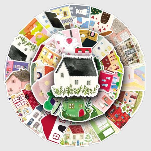 50 Pcs Hand-Drawn House Stickers - Waterproof Vinyl Warm Elements for Journal DIY & Notebook Laptop Water Bottle Skateboard Scrapbook Journal(House) in Kuwait