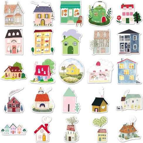 50 Pcs Hand-Drawn House Stickers - Waterproof Vinyl Warm Elements for Journal DIY & Notebook Laptop Water Bottle Skateboard Scrapbook Journal(House) in Kuwait