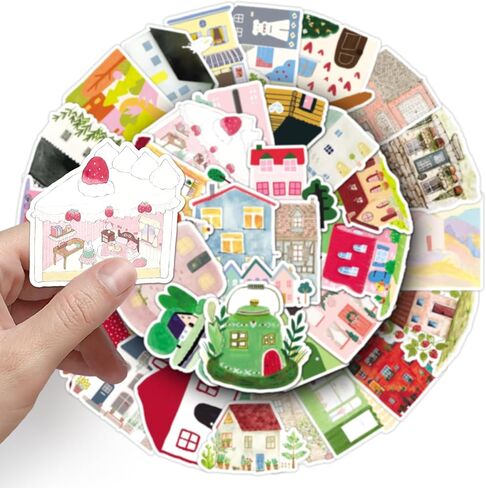 50 Pcs Hand-Drawn House Stickers - Waterproof Vinyl Warm Elements for Journal DIY & Notebook Laptop Water Bottle Skateboard Scrapbook Journal(House) in Kuwait