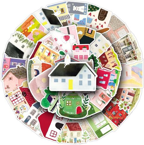 50 Pcs Hand-Drawn House Stickers - Waterproof Vinyl Warm Elements for Journal DIY & Notebook Laptop Water Bottle Skateboard Scrapbook Journal(House) in Kuwait