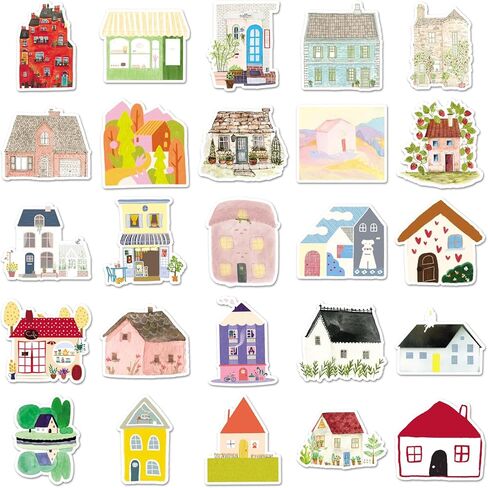 50 Pcs Hand-Drawn House Stickers - Waterproof Vinyl Warm Elements for Journal DIY & Notebook Laptop Water Bottle Skateboard Scrapbook Journal(House) in Kuwait
