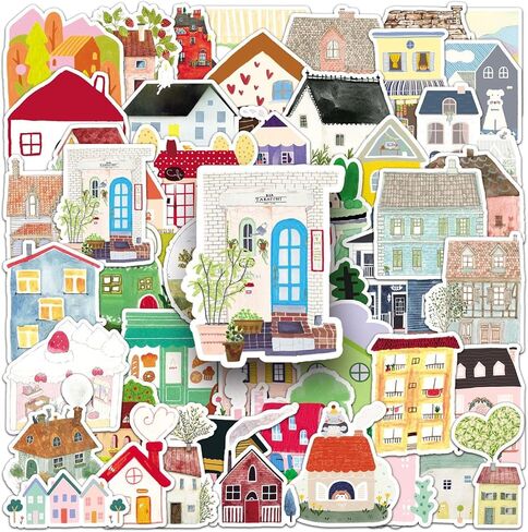 50 Pcs Hand-Drawn House Stickers - Waterproof Vinyl Warm Elements for Journal DIY & Notebook Laptop Water Bottle Skateboard Scrapbook Journal(House) in Kuwait