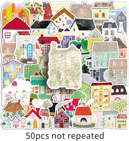 50 Pcs Hand-Drawn House Stickers - Waterproof Vinyl Warm Elements for Journal DIY & Notebook Laptop Water Bottle Skateboard Scrapbook Journal(House) in Kuwait