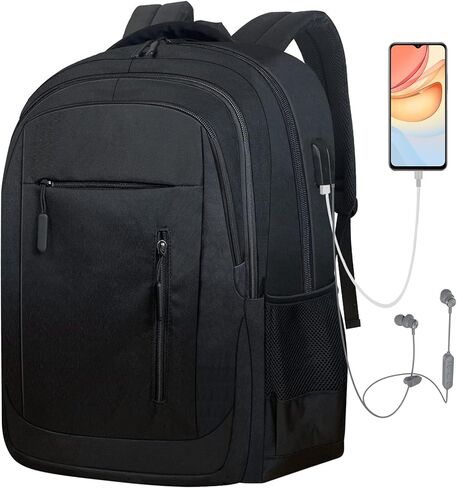 Laptop Backpack for Men, 17.3 Inch Travel Backpacks BookBag with Laptop Compartment, Water Resistant Business Work Casual Computer Daypack w/USB Charging/Headphone Port, Black in Saudi Arabia