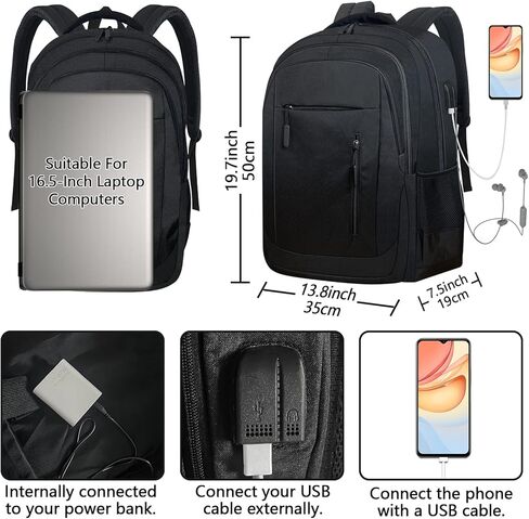 Laptop Backpack for Men, 17.3 Inch Travel Backpacks BookBag with Laptop Compartment, Water Resistant Business Work Casual Computer Daypack w/USB Charging/Headphone Port, Black in Saudi Arabia