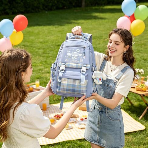 Roffatide Cartoon Print Business Casual Laptop Shoulders Backpack Hiking Travel Daypacks Rucksack 17 Inch Blue (With Cute Pendants) in Kuwait