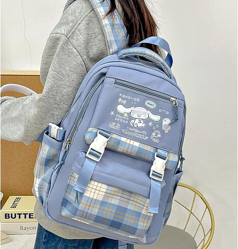 Roffatide Cartoon Print Business Casual Laptop Shoulders Backpack Hiking Travel Daypacks Rucksack 17 Inch Blue (With Cute Pendants) in Kuwait