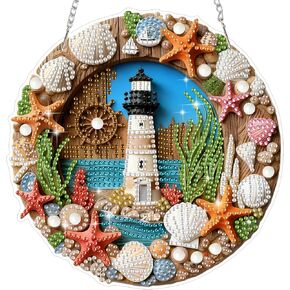 MEIYUDA Lighthouse Diamond Art Hanging Kits for Adult, Shell Starfish Wreath Diamond Painting Hanging Kits Ornaments, DIY Special Shaped Rhinestone Window Pendants Kit for Home Garden Wall Decor Gift in Saudi Arabia