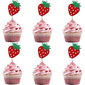 12 Pieces Strawberry Cupcake Topper Glitter Paper Cupcake Decorations for Birthday Party Berry Themed Party Celebration Decoration Supplies in Saudi Arabia