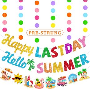 4 PCS Pre-Strung Last Day of School Banner Decorations Include NO DIY Happy Last Day Hello Summer Banner with Colorful Circle Garland for End of School Year Party Decorations, Schools Out for Summer Beach Party Decor in Saudi Arabia