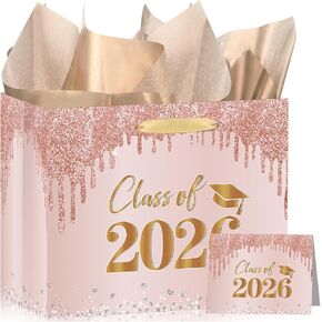 MOORIIY Rose Gold Graduation Gift Bag with Tissue Paper and Card, Congrats Grad Wrapping Paper Graduation Class of 2026 Gift Bag Pink Congrats Grad Party Decorations Supplies for High School College in Saudi Arabia