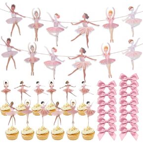 Ballerina Birthday Party Decorations, Pink Ballerina Cupcake Topper and Ballet Dancer Banner with Bow Garland, Party Supplies for Girls Birthday, Baby Shower, 37 Pcs Set in Saudi Arabia