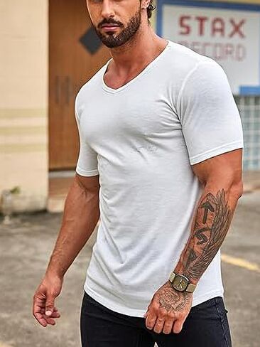 Mens Muscle V Neck T Shirt Fitted Gym Workout Short Sleeve Bodybuilding Tee in Saudi Arabia