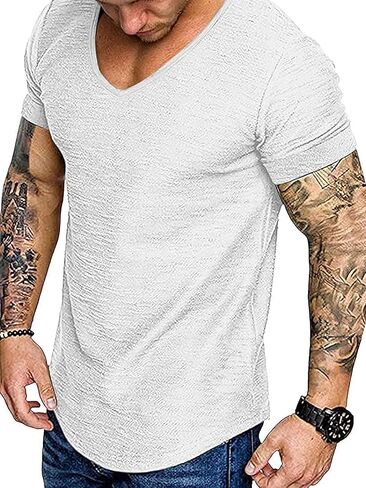 Mens Muscle V Neck T Shirt Fitted Gym Workout Short Sleeve Bodybuilding Tee in Saudi Arabia