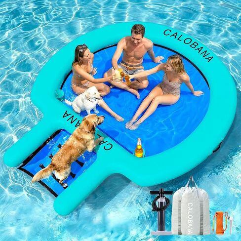 CALOBANA Water Hammock with Dog Boat Ramp, Inflatable Round Floating Ring for Adults Pets Heavy Duty Floating Dock Tanning Pool Lounger Float Island Platform for Pool Sea River Dock Boat Party in Saudi Arabia