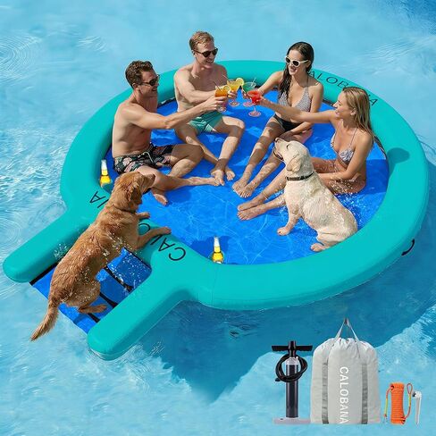 CALOBANA Water Hammock with Dog Boat Ramp, Inflatable Round Floating Ring for Adults Pets Heavy Duty Floating Dock Tanning Pool Lounger Float Island Platform for Pool Sea River Dock Boat Party in Saudi Arabia
