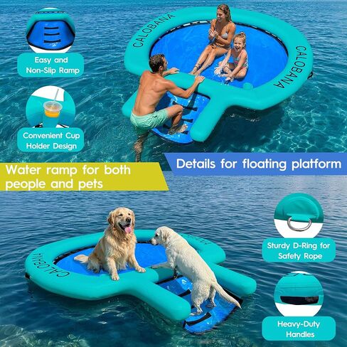 CALOBANA Water Hammock with Dog Boat Ramp, Inflatable Round Floating Ring for Adults Pets Heavy Duty Floating Dock Tanning Pool Lounger Float Island Platform for Pool Sea River Dock Boat Party in Saudi Arabia