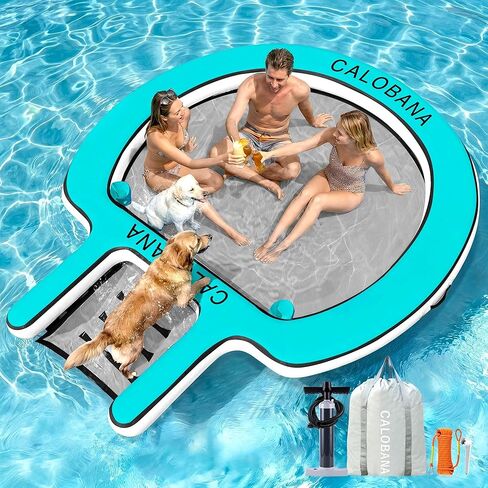 CALOBANA Water Hammock with Dog Boat Ramp, Inflatable Round Floating Ring for Adults Pets Heavy Duty Floating Dock Tanning Pool Lounger Float Island Platform for Pool Sea River Dock Boat Party in Saudi Arabia