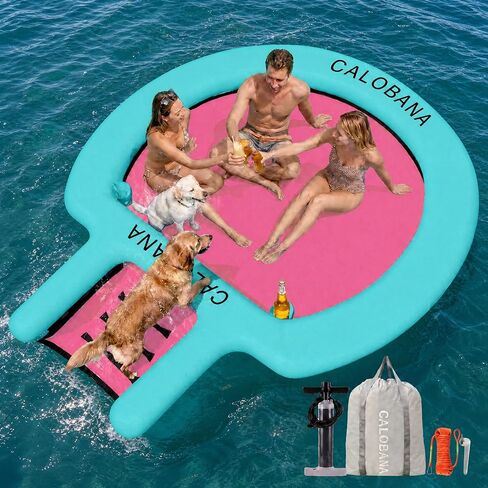CALOBANA Water Hammock with Dog Boat Ramp, Inflatable Round Floating Ring for Adults Pets Heavy Duty Floating Dock Tanning Pool Lounger Float Island Platform for Pool Sea River Dock Boat Party in Saudi Arabia