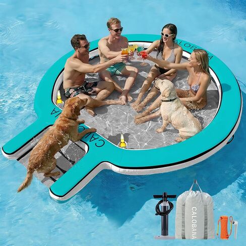 CALOBANA Water Hammock with Dog Boat Ramp, Inflatable Round Floating Ring for Adults Pets Heavy Duty Floating Dock Tanning Pool Lounger Float Island Platform for Pool Sea River Dock Boat Party in Saudi Arabia