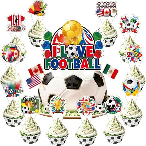 25 Pcs World Soccer Cake Topper and Cupcake Toppers Set, Soccer Sports Theme Party Supplies for World Football Sports Competition Themed Party Decorations in Saudi Arabia