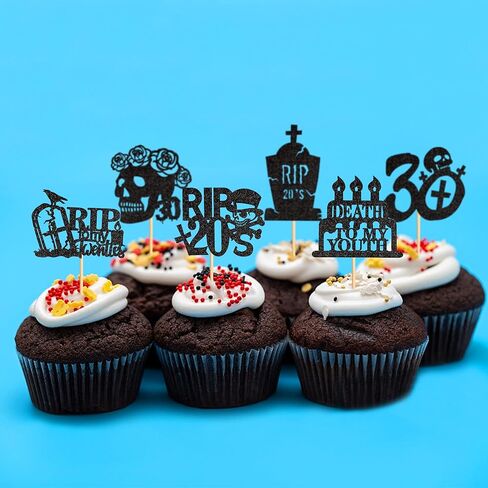 Ercadio 36Pcs Rip My 20s Cupcake Toppers Black Glitter Death to My 20s Cupcake Picks Death to My Twenties Cake Picks for 30th Birthday Cupcake Decoration 30th Gothic Birthday Party Supplies in Kuwait