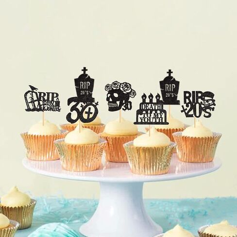 Ercadio 36Pcs Rip My 20s Cupcake Toppers Black Glitter Death to My 20s Cupcake Picks Death to My Twenties Cake Picks for 30th Birthday Cupcake Decoration 30th Gothic Birthday Party Supplies in Kuwait