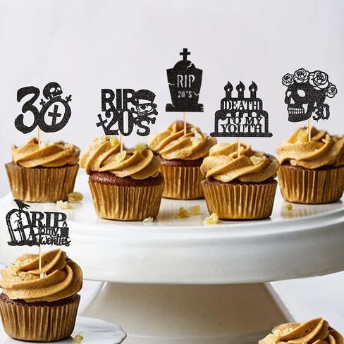 Ercadio 36Pcs Rip My 20s Cupcake Toppers Black Glitter Death to My 20s Cupcake Picks Death to My Twenties Cake Picks for 30th Birthday Cupcake Decoration 30th Gothic Birthday Party Supplies in Kuwait