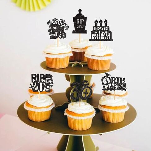 Ercadio 36Pcs Rip My 20s Cupcake Toppers Black Glitter Death to My 20s Cupcake Picks Death to My Twenties Cake Picks for 30th Birthday Cupcake Decoration 30th Gothic Birthday Party Supplies in Kuwait