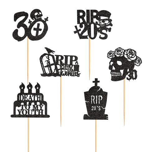 Ercadio 36Pcs Rip My 20s Cupcake Toppers Black Glitter Death to My 20s Cupcake Picks Death to My Twenties Cake Picks for 30th Birthday Cupcake Decoration 30th Gothic Birthday Party Supplies in Kuwait