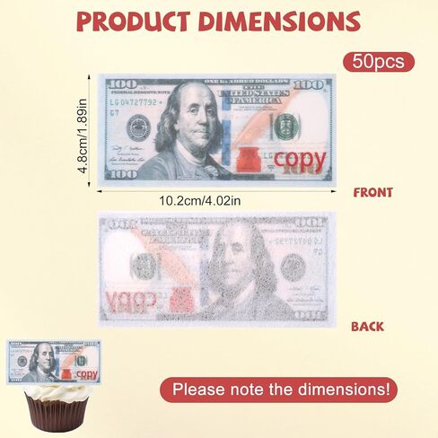50pcs Mini Edible 100 Dollar Bill Cake Toppers, Glutinous Rice Paper Small Edible Dollar Bill Cupcake Toppers Money Cake Decorations for Birthday Party Supplies in Kuwait