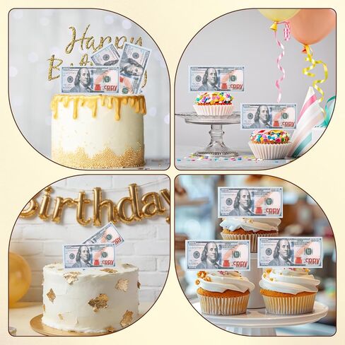 50pcs Mini Edible 100 Dollar Bill Cake Toppers, Glutinous Rice Paper Small Edible Dollar Bill Cupcake Toppers Money Cake Decorations for Birthday Party Supplies in Kuwait