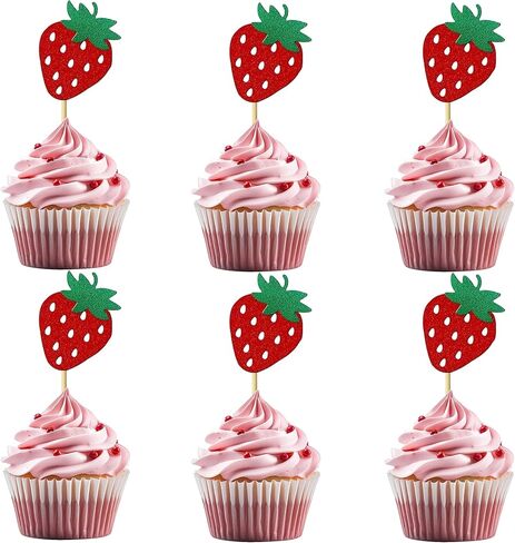 12 Pieces Strawberry Cupcake Topper Glitter Paper Cupcake Decorations for Birthday Party Berry Themed Party Celebration Decoration Supplies in Saudi Arabia